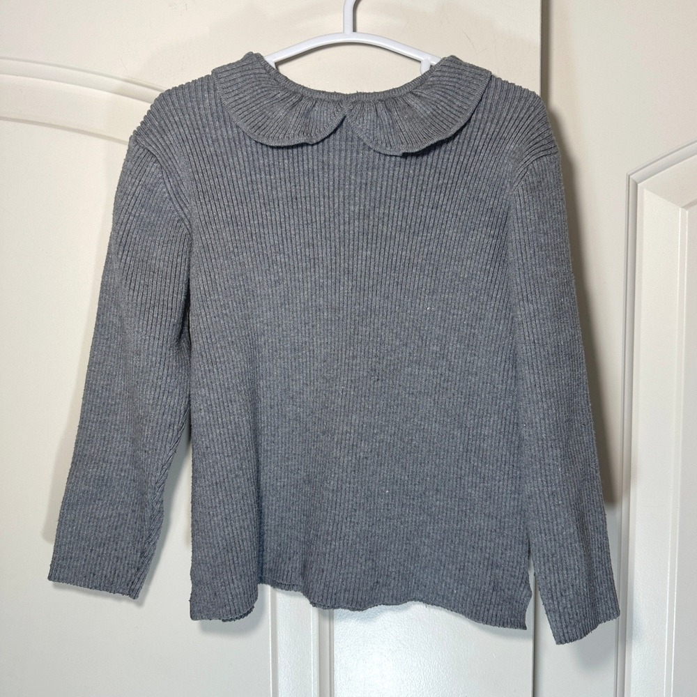 Zara Ribbed Sweater Kids 4-5 Grey Peter Pan Collar Long Sleeve Knit Top